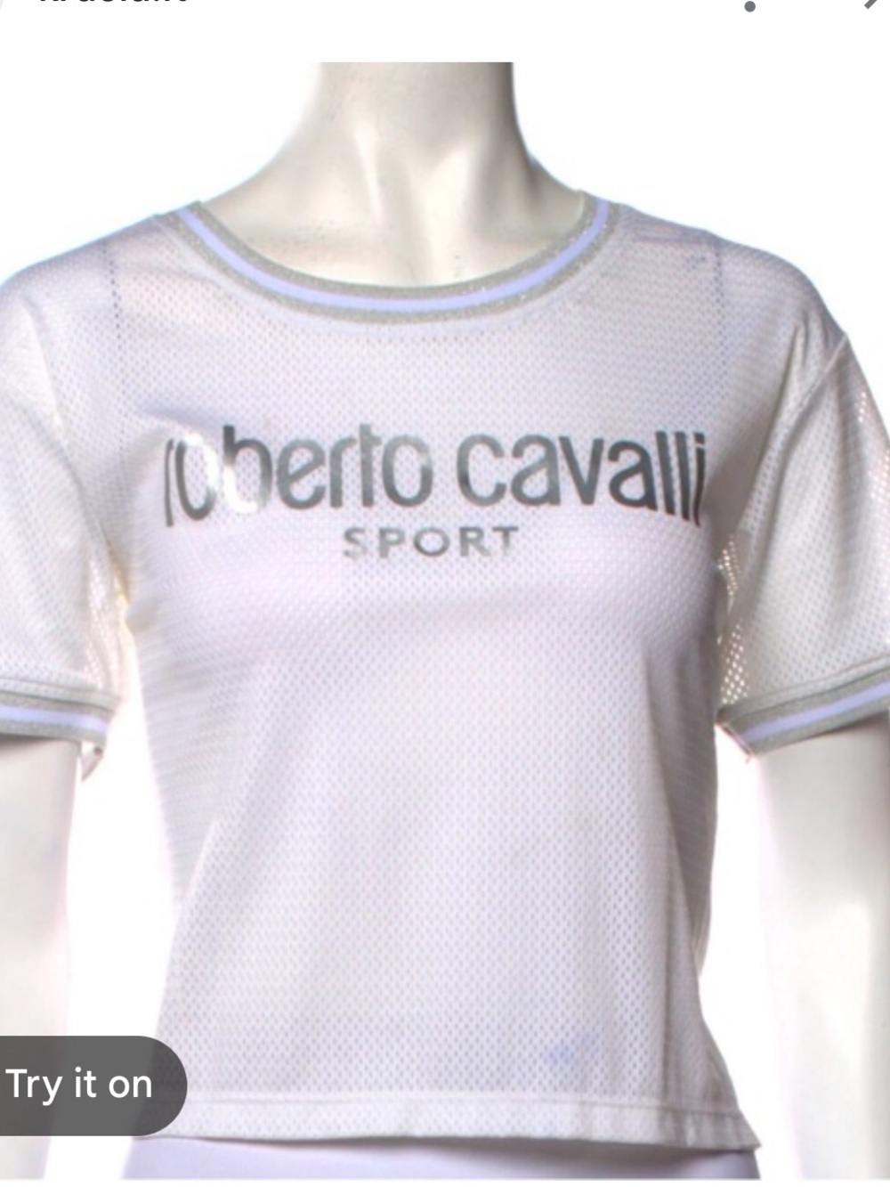 Roberto Cavalli Sport White Mesh metallic Logo Crop Top Jersey Large